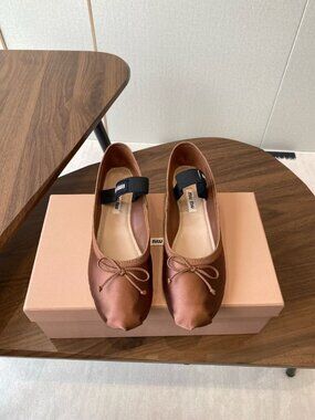 Miu Miu Brown Satin Ballerina Flats with Bow and Logo Strap
